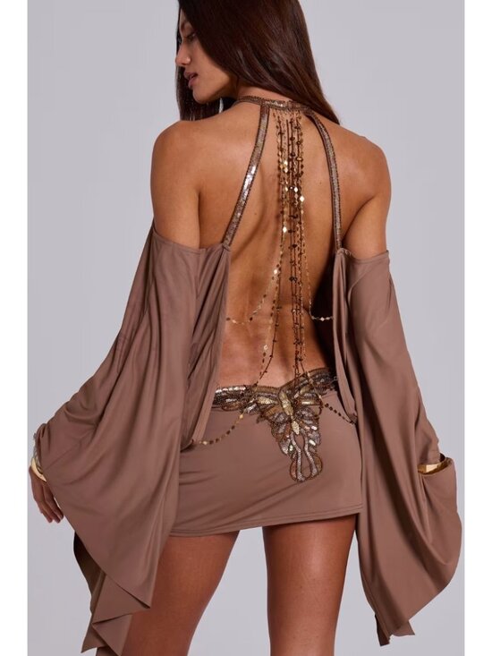 Jaded London Dresses & Skirts - Jaded London Brown Alula Embellished Butterfly Mini Dress Backless Party Size 2